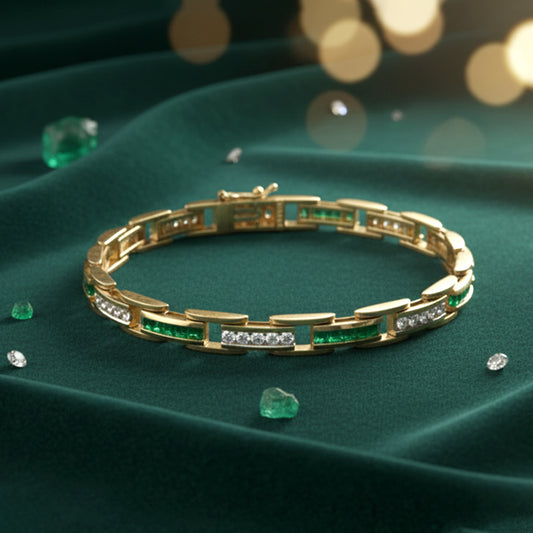 14KT Yellow Gold Emerald and Diamond Bar-Link Bracelet (3.69 ctw)
