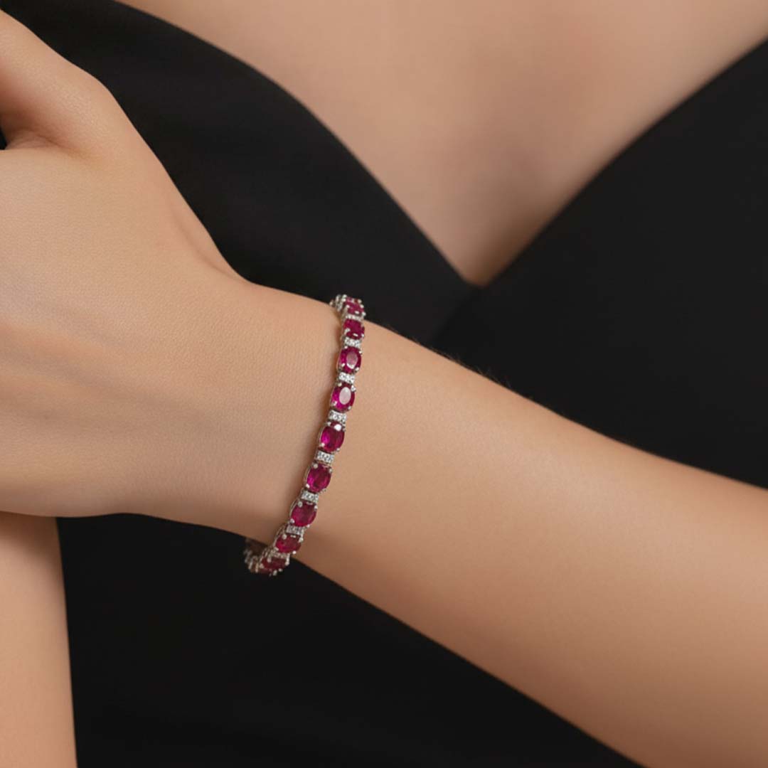 14K White Gold Oval Ruby and Round Diamond Bracelet (12.51ct Rubies / 0.33ct Diamonds)