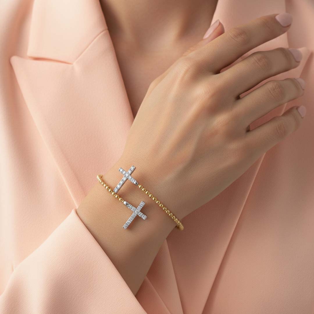 14KT Gold Flexible Diamond Bangle with Dual Cross Designs (0.78 CTW)