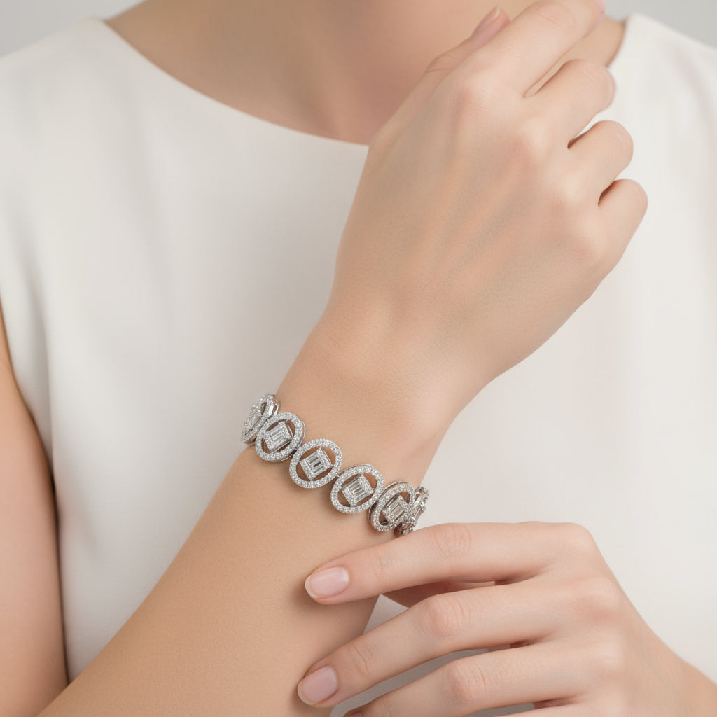 14KT White Gold Baguette and Round Diamond Cluster Bracelet (9.55 CT TW)