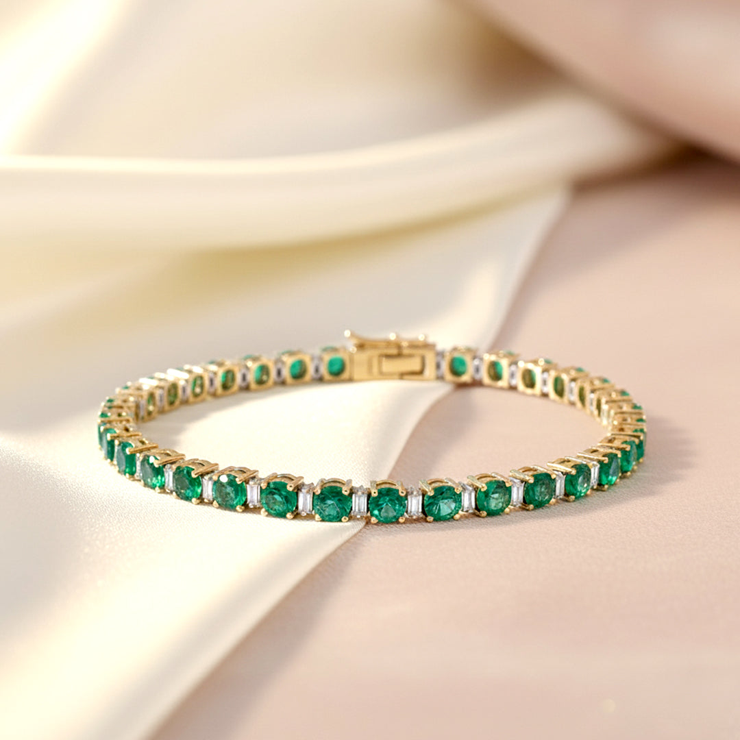 18KT Two-Tone Gold Emerald and Diamond Tennis Bracelet (EM 10.03 cts / DIA 0.95 cts)