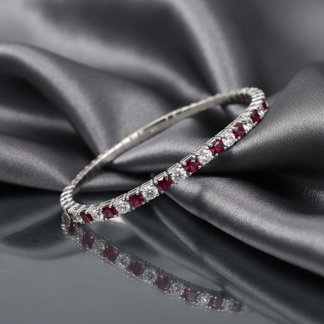 14KT White Gold Ruby and Diamond Flexible Bangle – RB: 3.19cts | DIA: 3.08cts