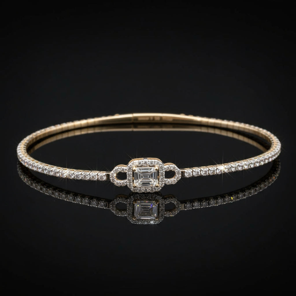 14KT Gold Flexible Diamond Bangle with Emerald-Cut Inspired Centerpiece (1.40 CT TW)
