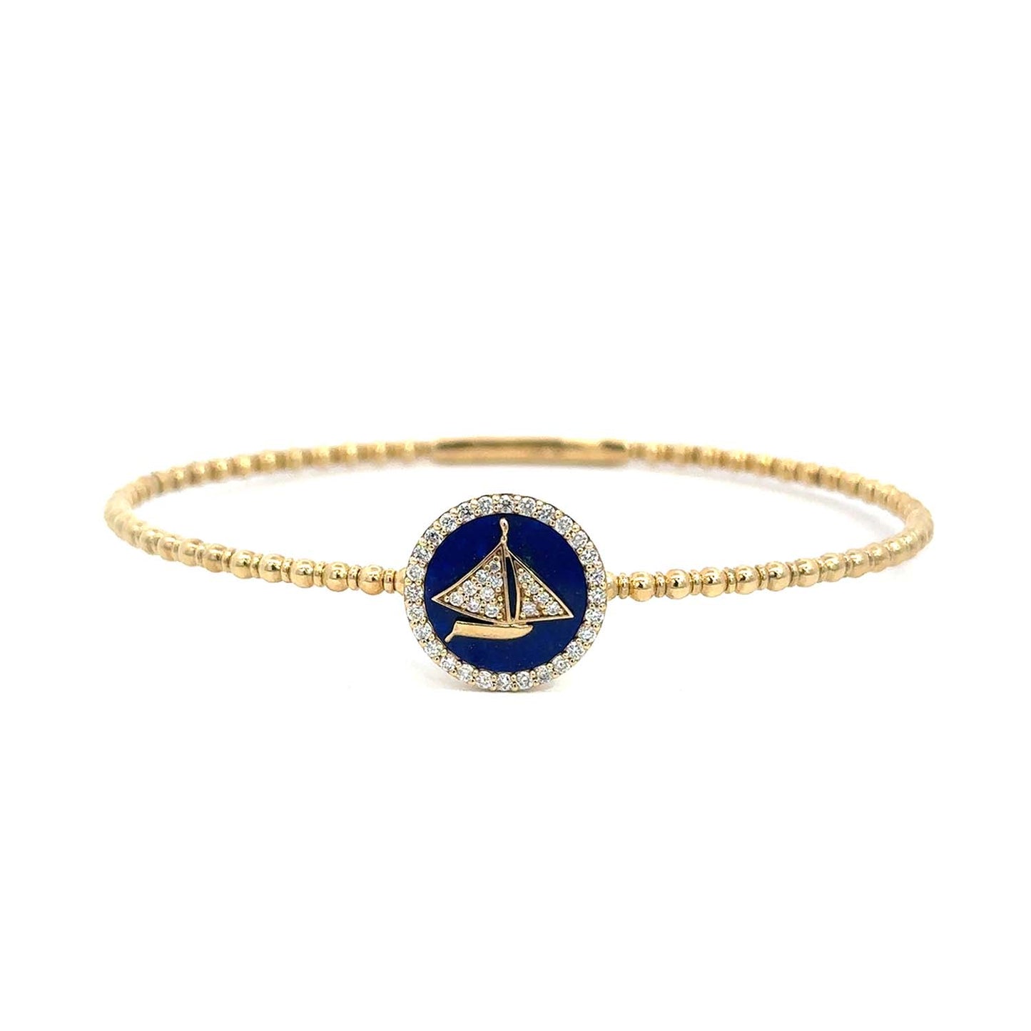 14KT Gold Diamond Flexible Bangle (0.29 CTW) – Sailboat Design Framed in Deep Blue Enamel