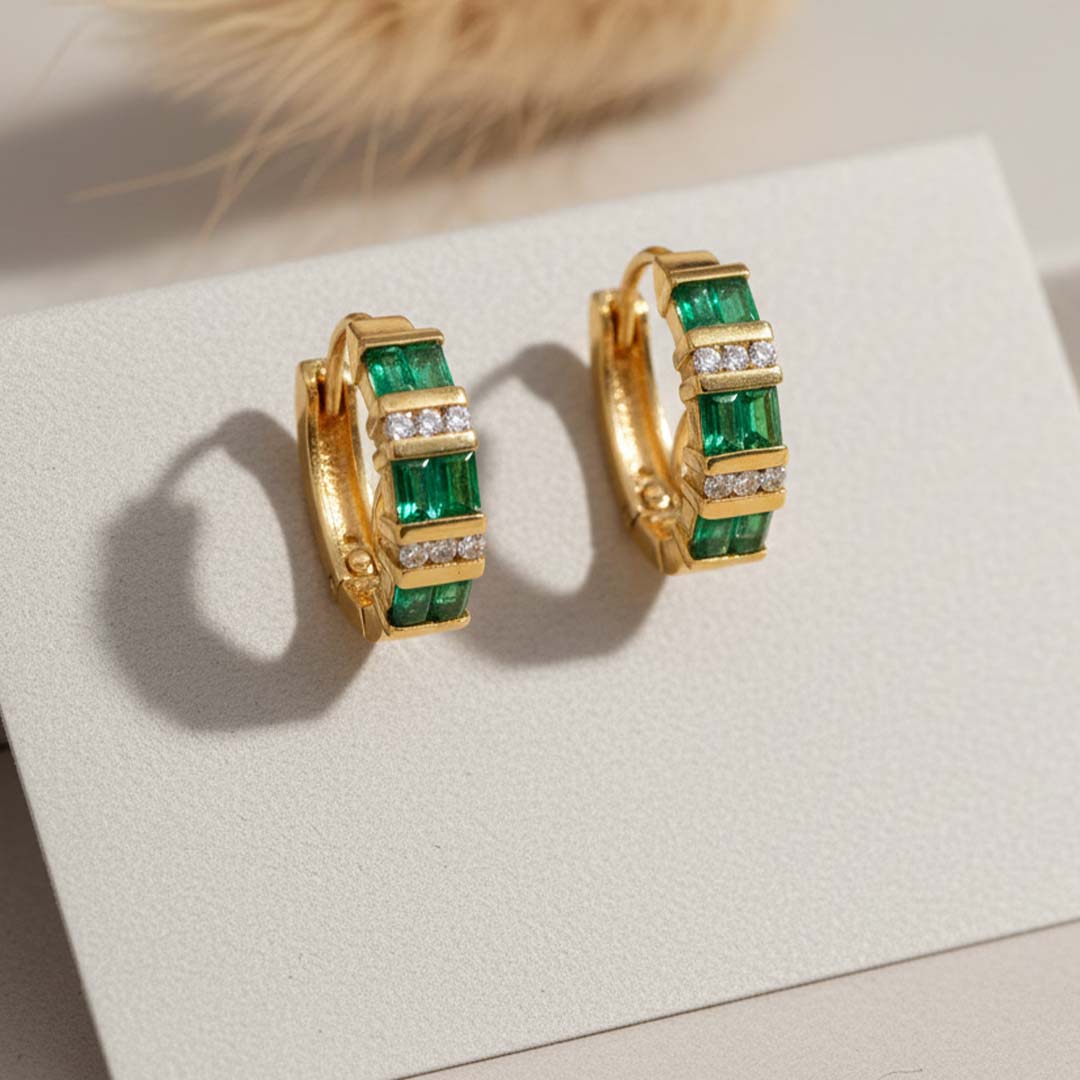 14KT Yellow Gold Emerald (1.00CT) and Diamond (0.25CT) Hoop Earrings