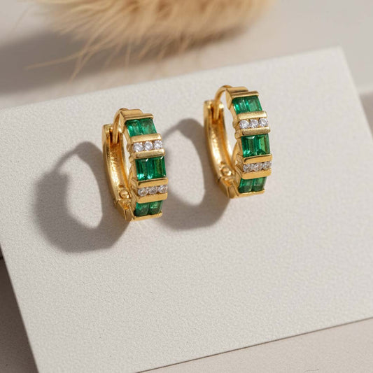 14KT Yellow Gold Emerald (1.00CT) and Diamond (0.25CT) Hoop Earrings