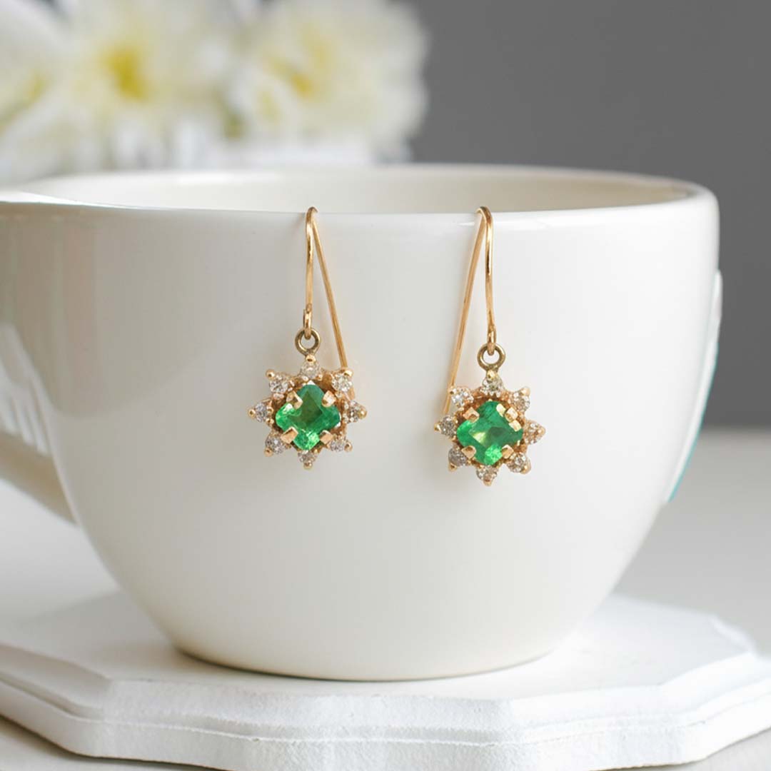 14KT Yellow Gold Vintage-Inspired Emerald (1.50CT) and Diamond (0.50CT) Earrings