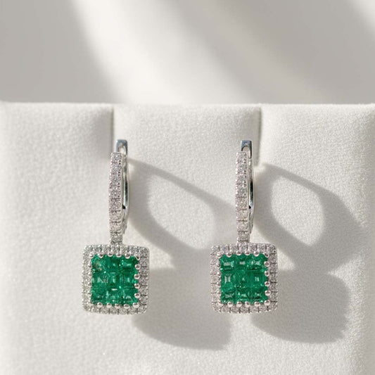 14KT White Gold Emerald (0.49CT) and Diamond (0.24CT) Halo Drop Earrings