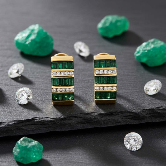 14KT Yellow Gold Emerald (1.57CT) and Diamond (0.21CT) Hoop Earrings