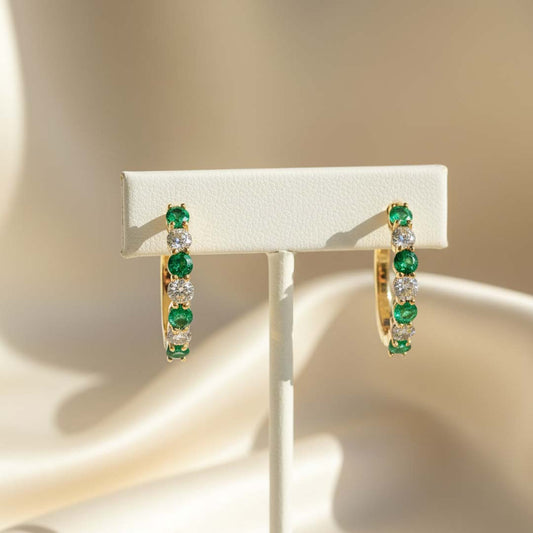 14KT Yellow Gold Emerald (0.75CT) and Diamond (0.65CT) Alternating Hoop Earrings