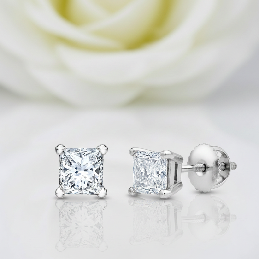 14K White Gold 1.05CT Princess-Cut Diamond Stud Earrings