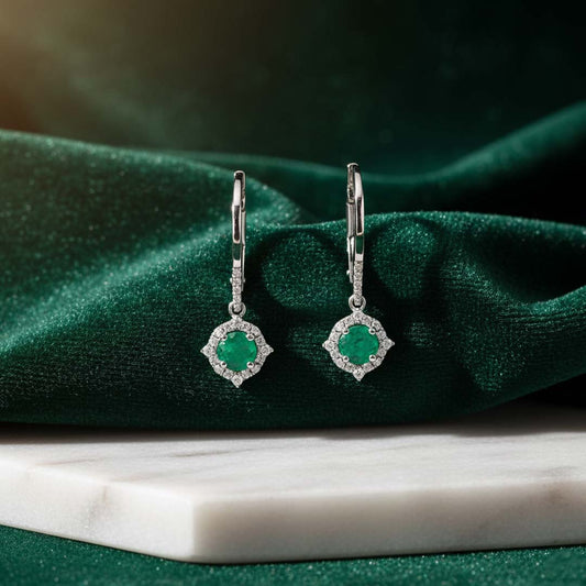 14KT White Gold Emerald (0.50CT) and Diamond (0.16CT) Drop Earrings