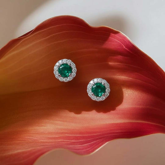 14KT White Gold Round Emerald (0.50CT) and Diamond (0.45CT) Halo Stud Earrings