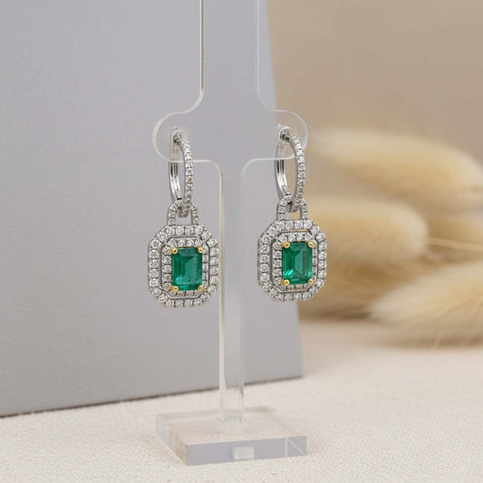 18K White Gold Emerald Earrings 1.97CT & Diamond 1.14CT Double Halo Drop Design