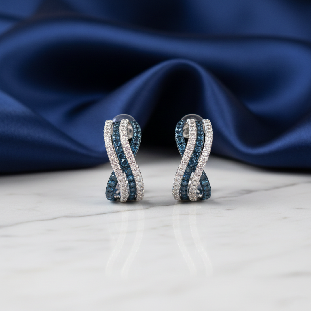 14KT White Gold Diamond & Blue Diamond Twist Earrings β 1.76 CTW