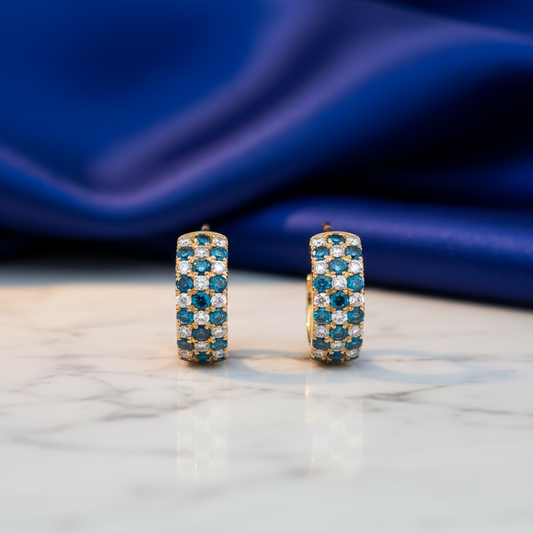 14K Yellow Gold Earrings with 0.61 ct White Diamonds & 1.61 ct Blue Diamonds