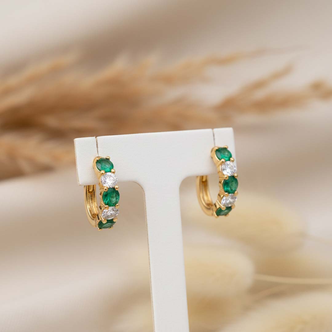 14KT Yellow Gold Emerald (0.96CT) and Diamond (0.61CT) Alternating Hoop Earrings