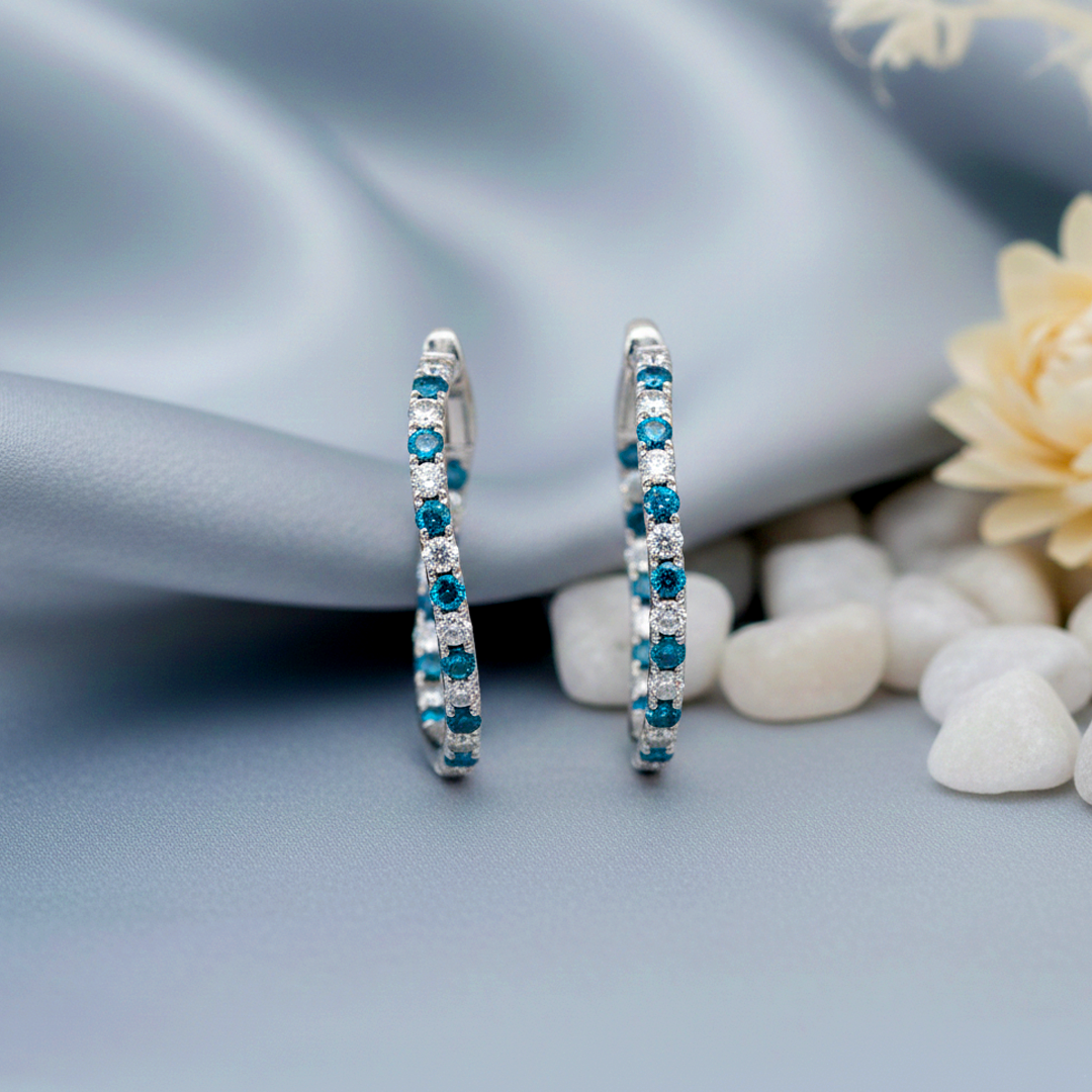 14KT White Gold Diamond & Blue Diamond Twist Hoops β 2.22 CTW