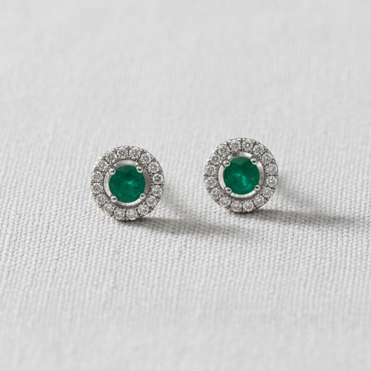 14KT Two-Tone Gold Emerald (1.21CT) and Diamond (0.31CT) Halo Stud Earrings