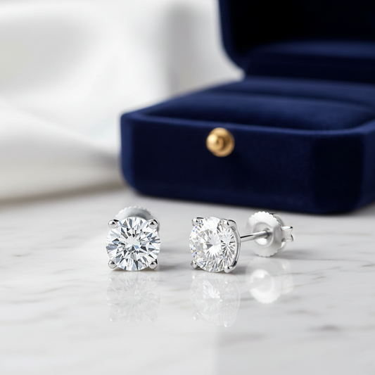 14K White Gold 2.00CT GIA-Certified Diamond Stud Earrings -Four Prong Screw Back