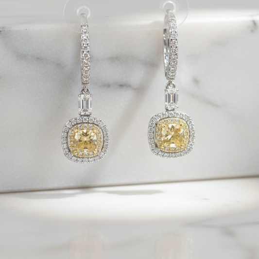 18KT Two-Tone Cushion-Cut Yellow Diamond Drop Earrings (1.01 cts Center / 0.88 cts Accent Diamonds)