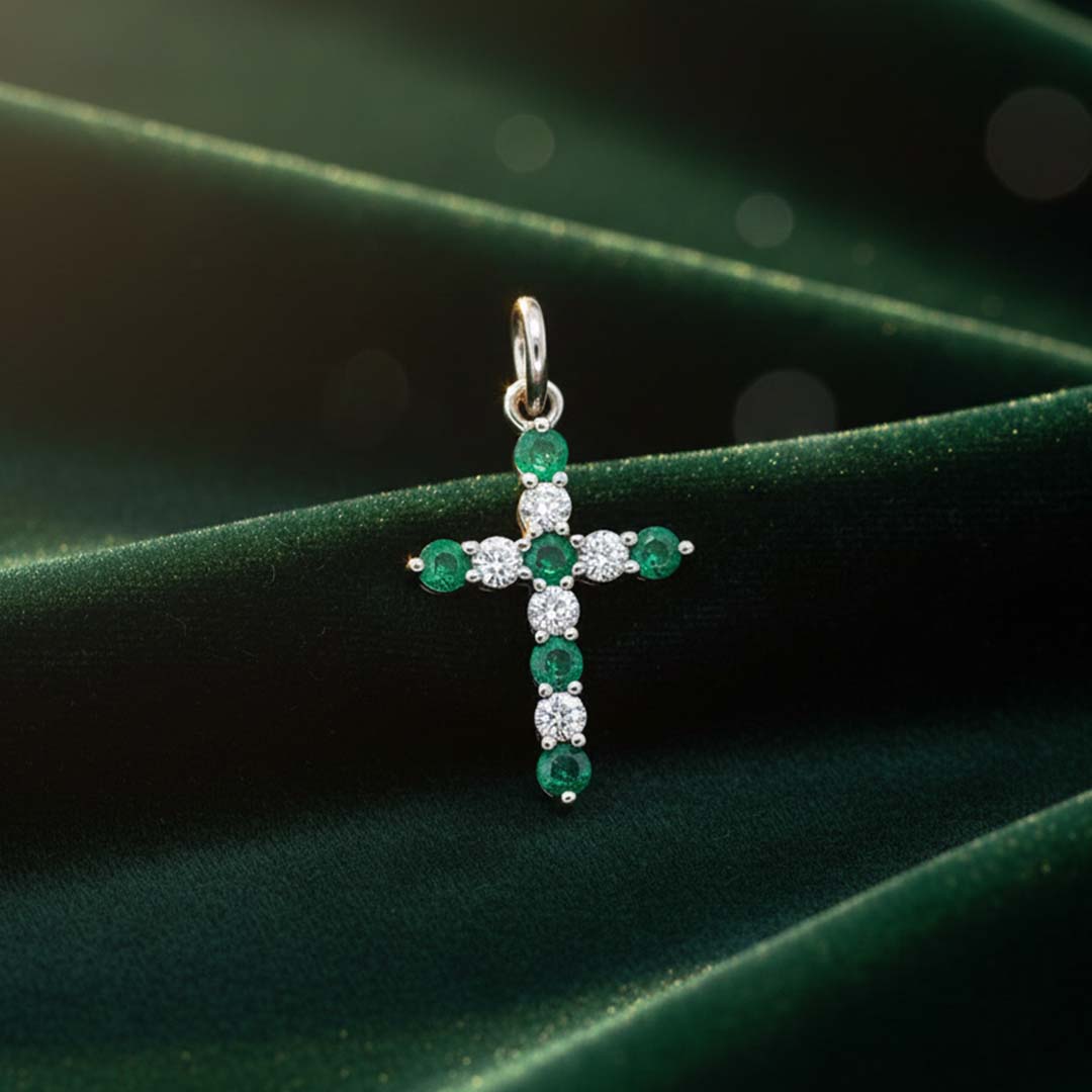 14KT White Gold Emerald and Diamond Halo Cross Pendant – 0.85ct EM / 0.51ct DIA