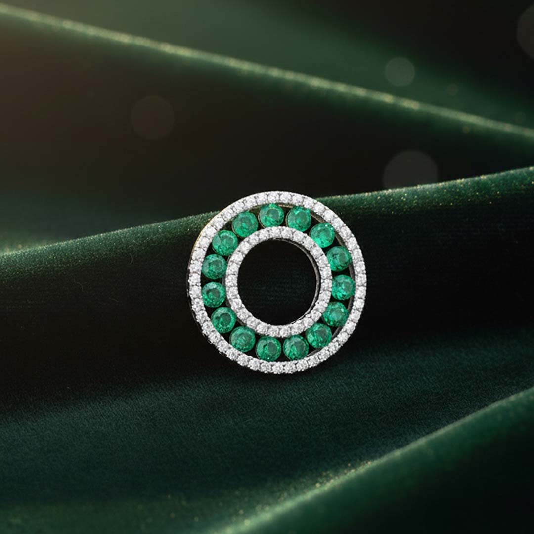 14KT White Gold Round Emerald (0.80ct) and Diamond (0.30ct) Circle Pendant