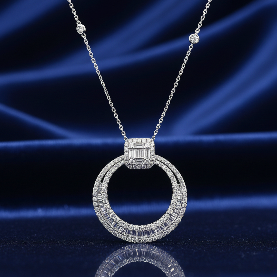 18K White Gold 1.94CT Diamond Halo Pendant with Diamond-by-the-Yard Chain