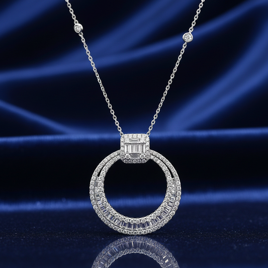 18K White Gold 1.94CT Diamond Halo Pendant with Diamond-by-the-Yard Chain