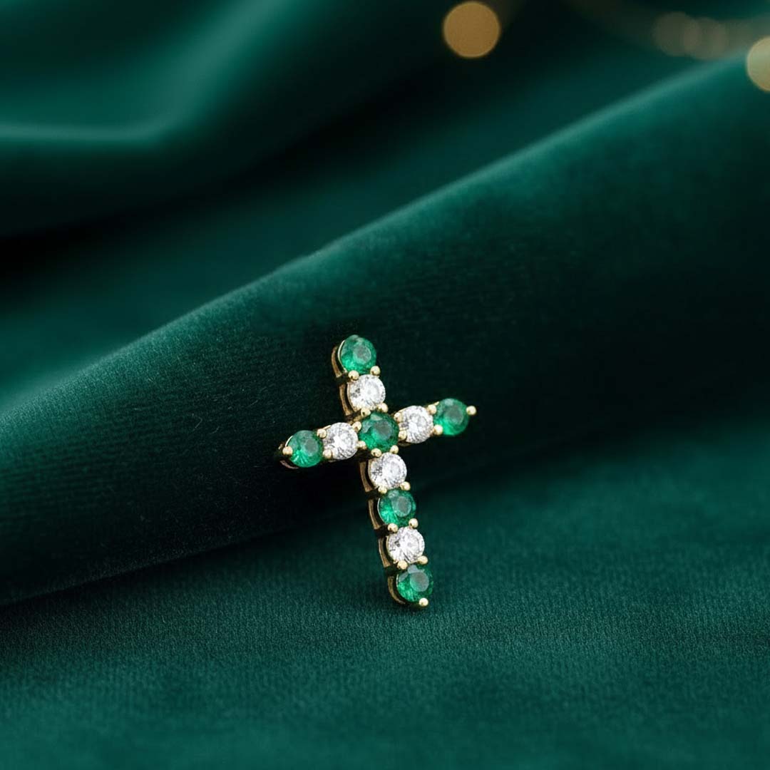 14KT Yellow Gold Emerald (0.49ct) and Diamond (0.45ct) Cross Pendant