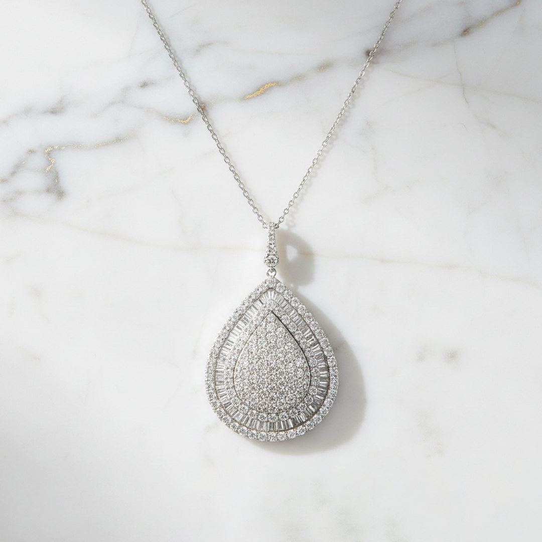 14KT WG Diamond Pendant 4.11CT – Round & Baguette Multi-Layer