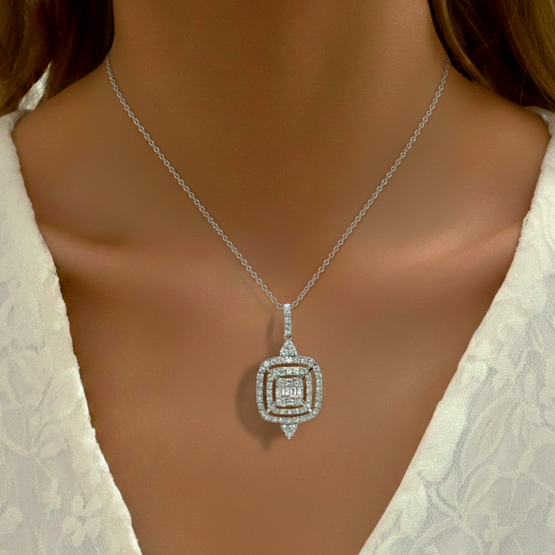 14K White Gold 2.24CT Diamond Pendant – Baguette Center with Round Halo