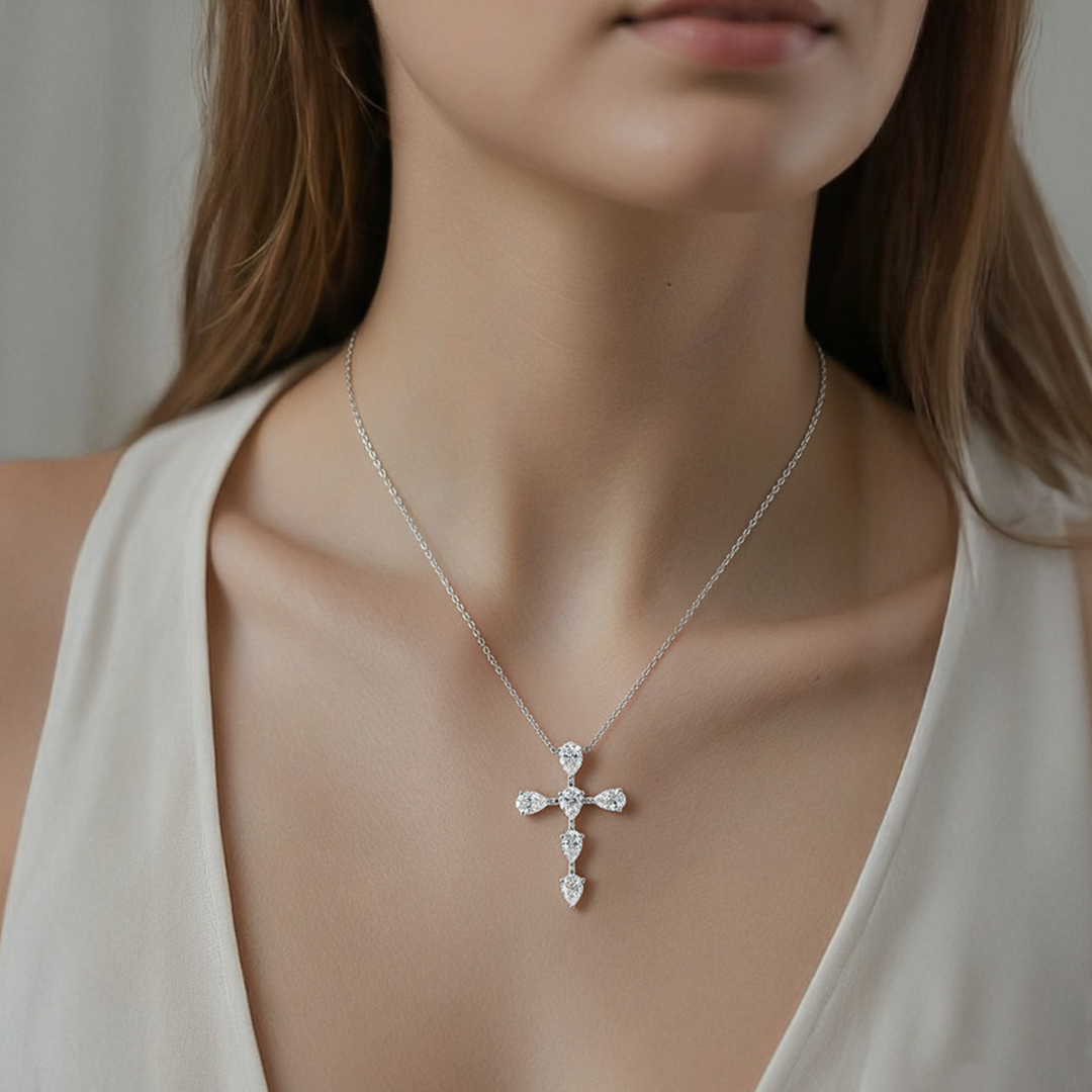 Diamond Cross Necklace in 18K White Gold – 1.17 Carats