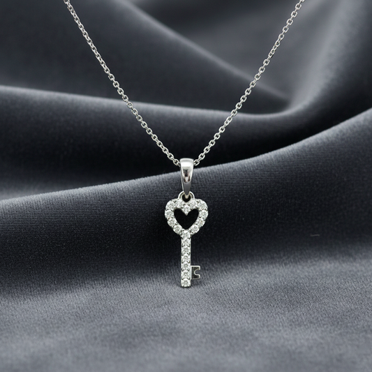 ✨ Diamond 0.10 CT Heart Key Necklace – 14KT White Gold ✨