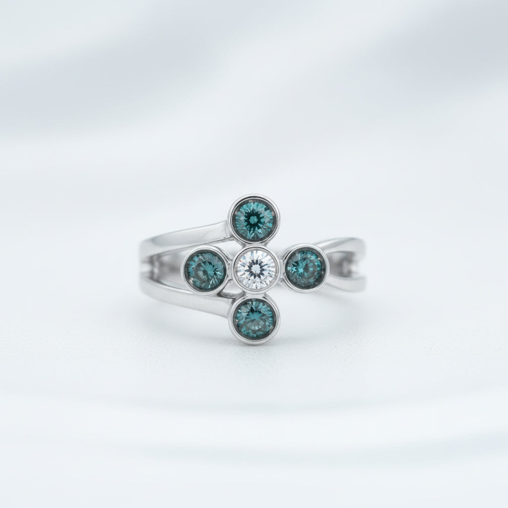 14K White Gold Blue & White Diamond Floral Ring – 0.50 CT Blue, 0.25 CT White