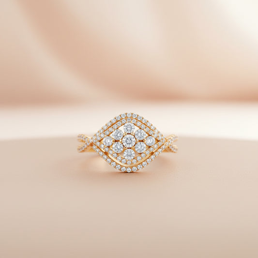 18K Gold Teardrop Diamond Cluster Ring – Split Shank Design, 1.00 Carat Total