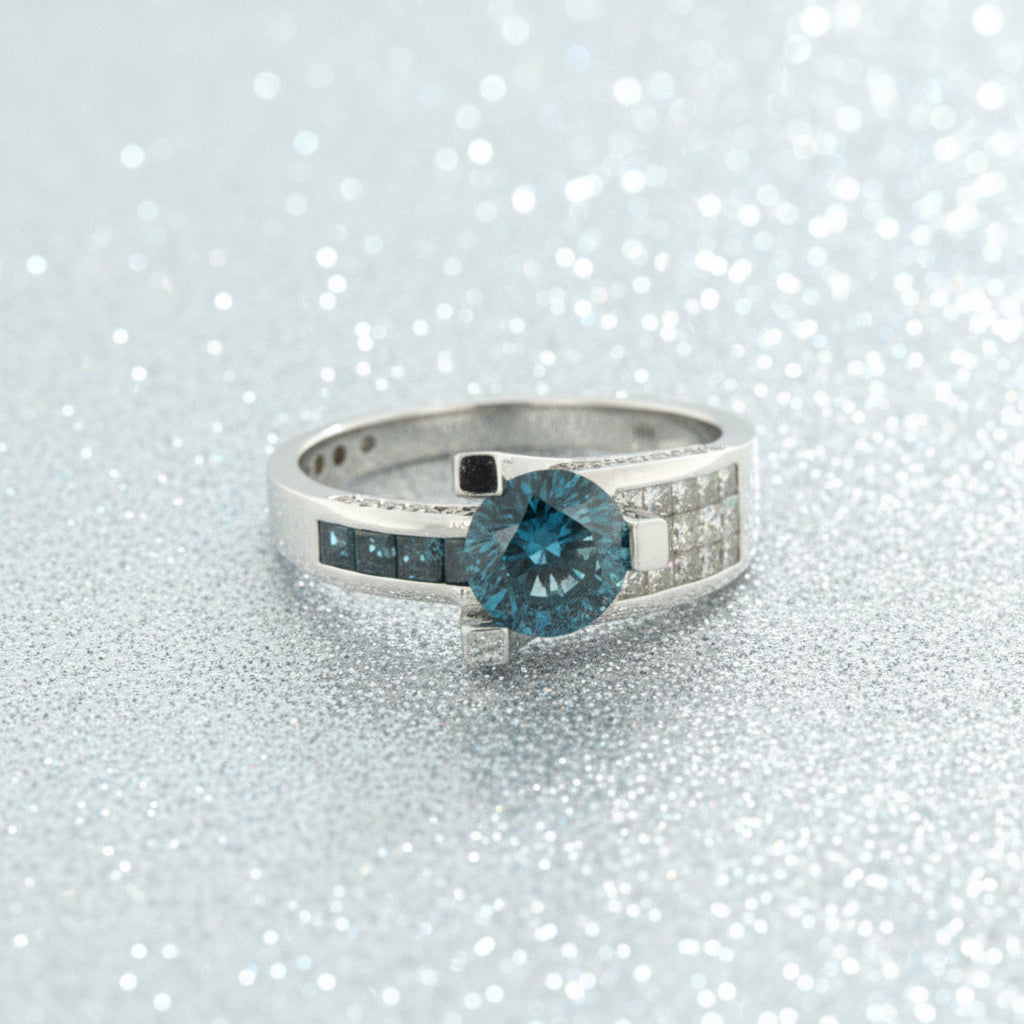 14K White Gold Blue Diamond Ring – 1.00 CT Blue, 1.03 CT White Diamonds, Channel Set