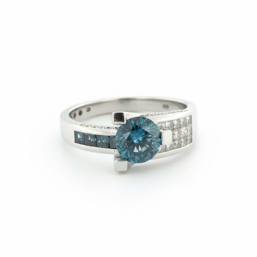 14K White Gold Blue Diamond Ring – 1.00 CT Blue, 1.03 CT White Diamonds, Channel Set