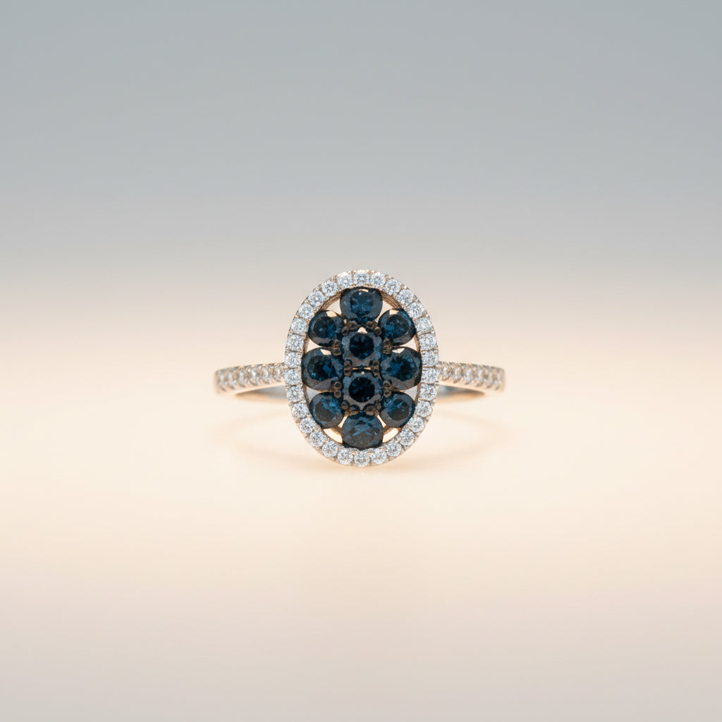14K White Gold Blue Diamond Halo Ring – 1.39 CT Blue, White Diamond Accents