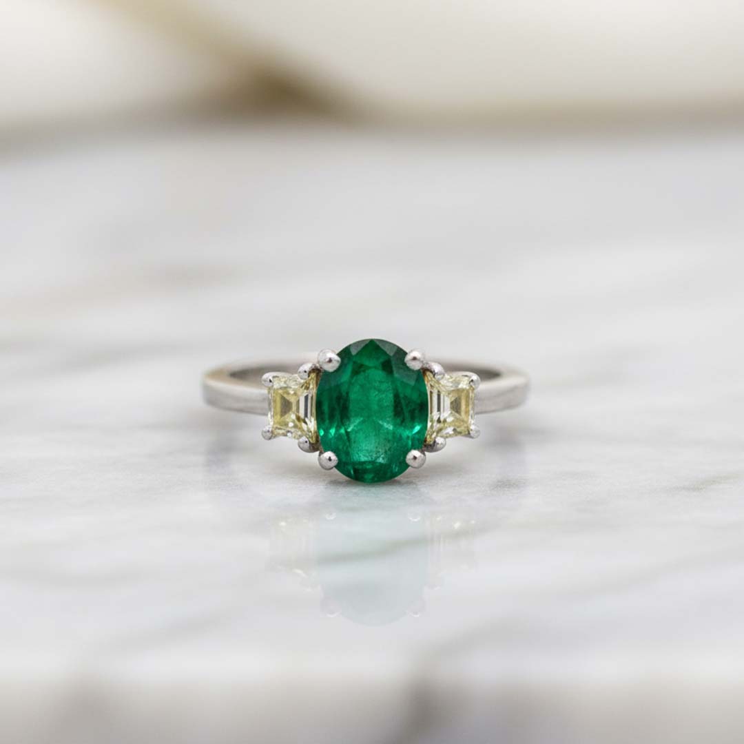 14KT White Gold Oval-Cut Emerald and Trapezoid Yellow Diamond Ring (1.86ct / 0.50ct)