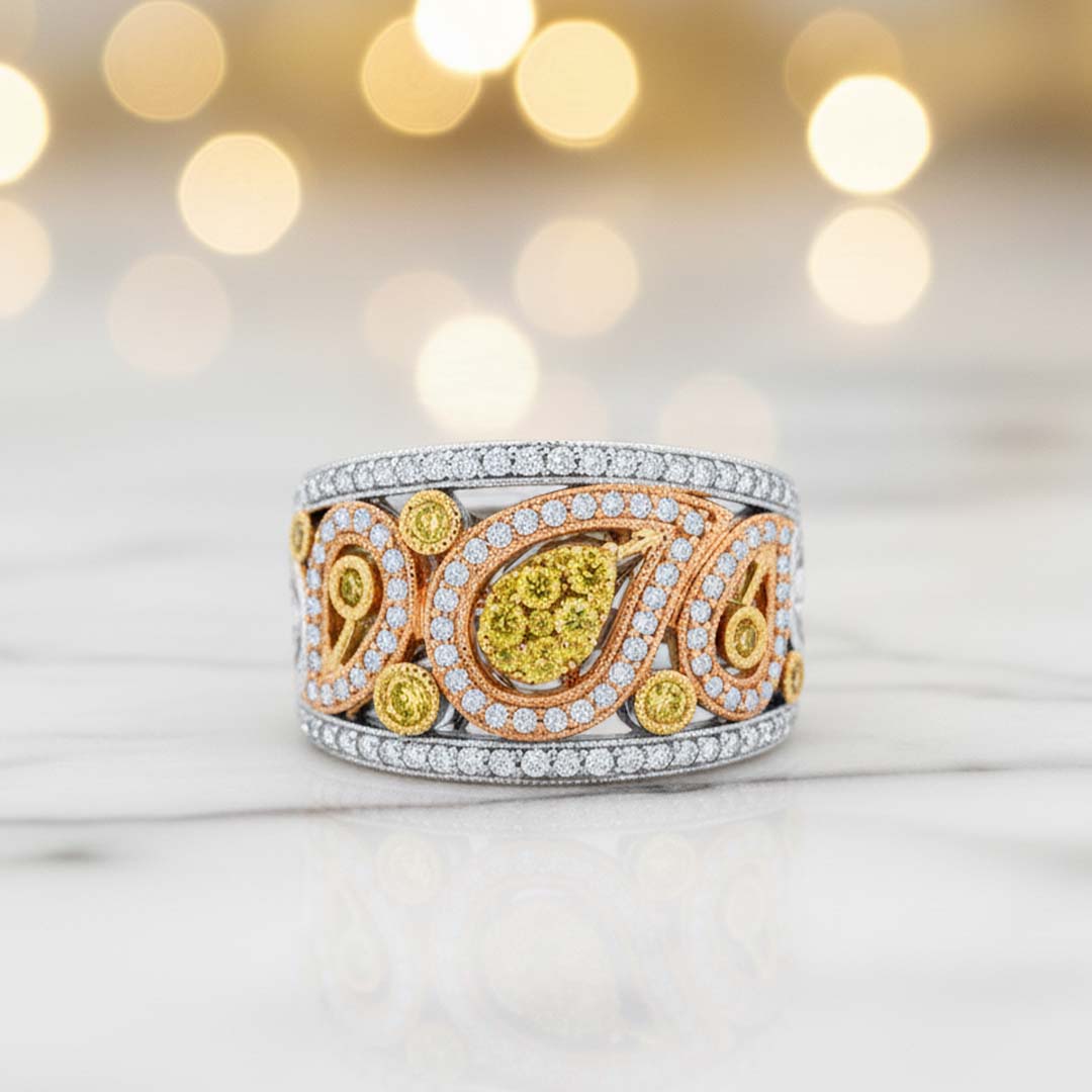 Exquisite 14KT Gold Fancy Yellow Diamond Ring with White Diamond Accents