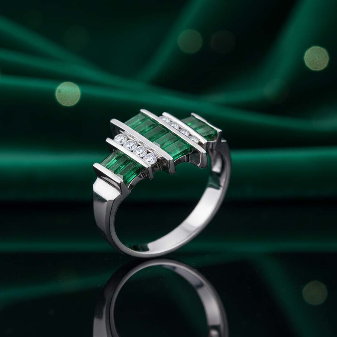 14KT WG Ring with 0.81 CT Emerald-Cut Emerald and 0.21 CT Total Diamond Weight