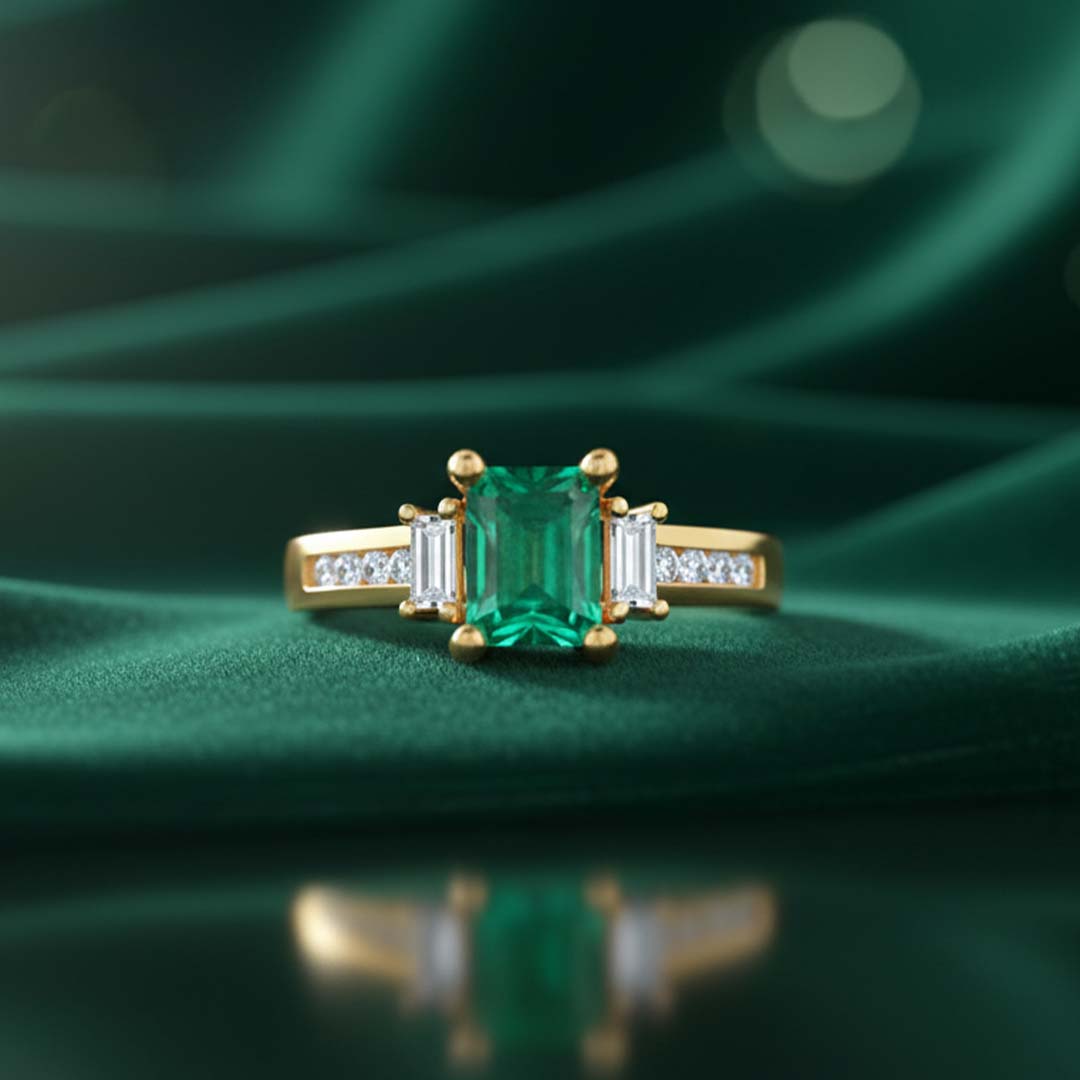 Emerald-Cut Emerald Ring with Baguette & Channel-Set Round Diamonds in 14K Yellow Gold