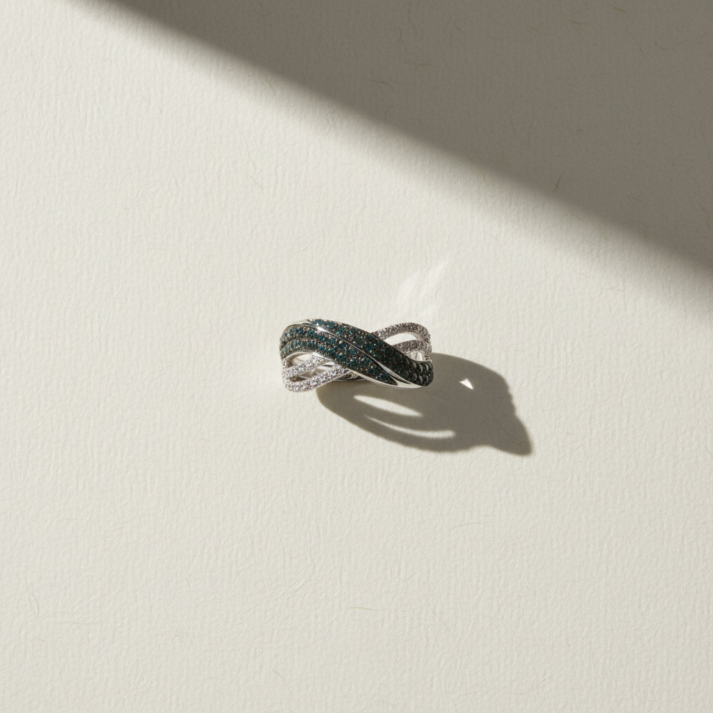 14K White Gold Ring with 0.63 CT Blue & 0.34 CT White Diamonds – Wave Design