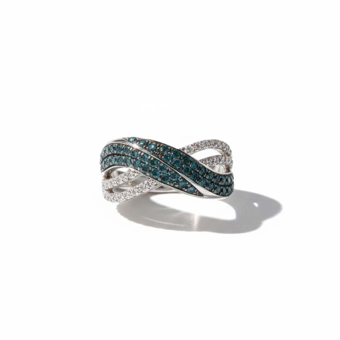 14K White Gold Ring with 0.63 CT Blue & 0.34 CT White Diamonds – Wave Design