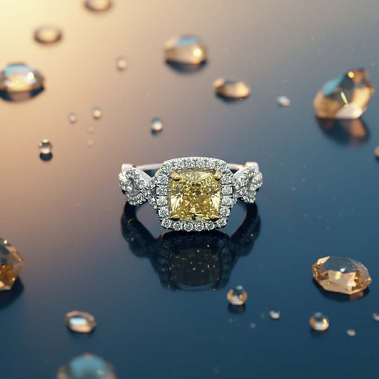 2.00ct Fancy Yellow Cushion-Cut Diamond Ring in 18K Gold with Halo & Twist Side Diamonds