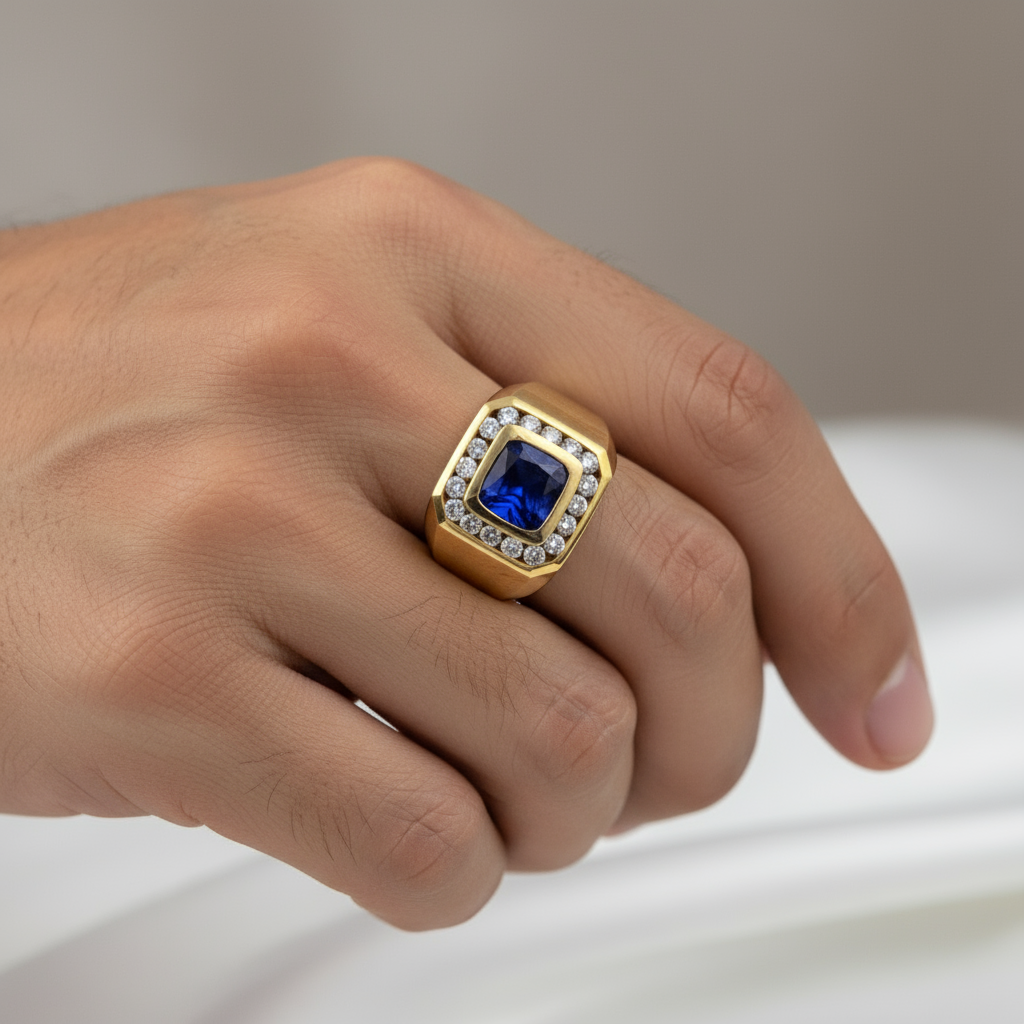 Elegant Men’s 14KT Yellow Gold Ring Showcasing 3.00ct Tanzanite Framed by 0.85ct Diamond Halo