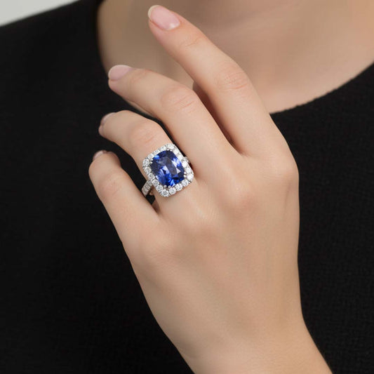 18K White Gold Natural Tanzanite & Diamond Ring – 6.55ct Cushion-Cut Tanzanite with 1.50ct Diamond Halo