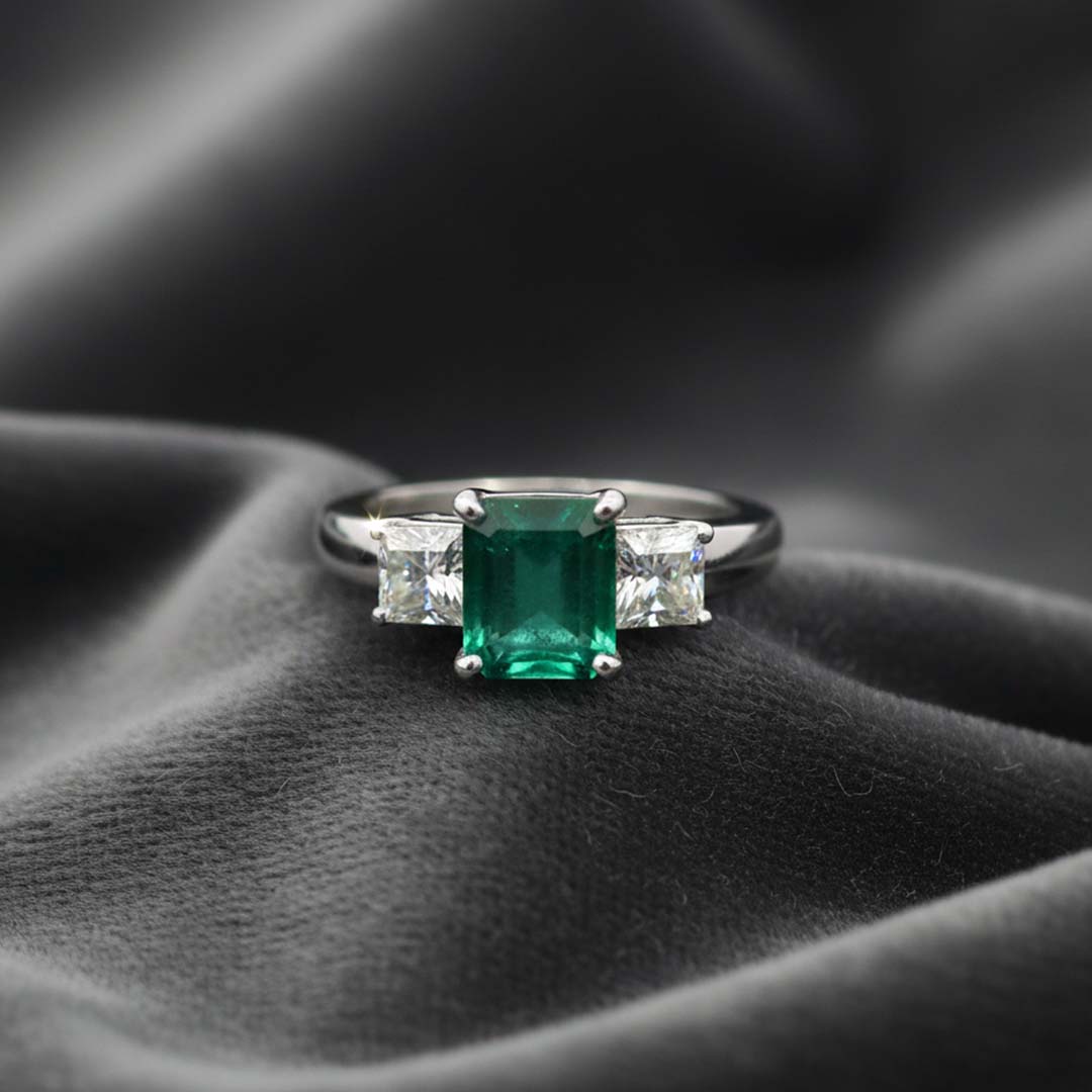 14K White Gold Ring with 2.44 ct Princess Cut Emerald and 1.00 ctw Princess Cut Diamonds