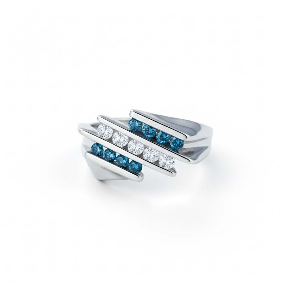 14K White Gold Blue & White Diamond Tiered Bar Ring – 0.50 Total Carats of Modern Elegance